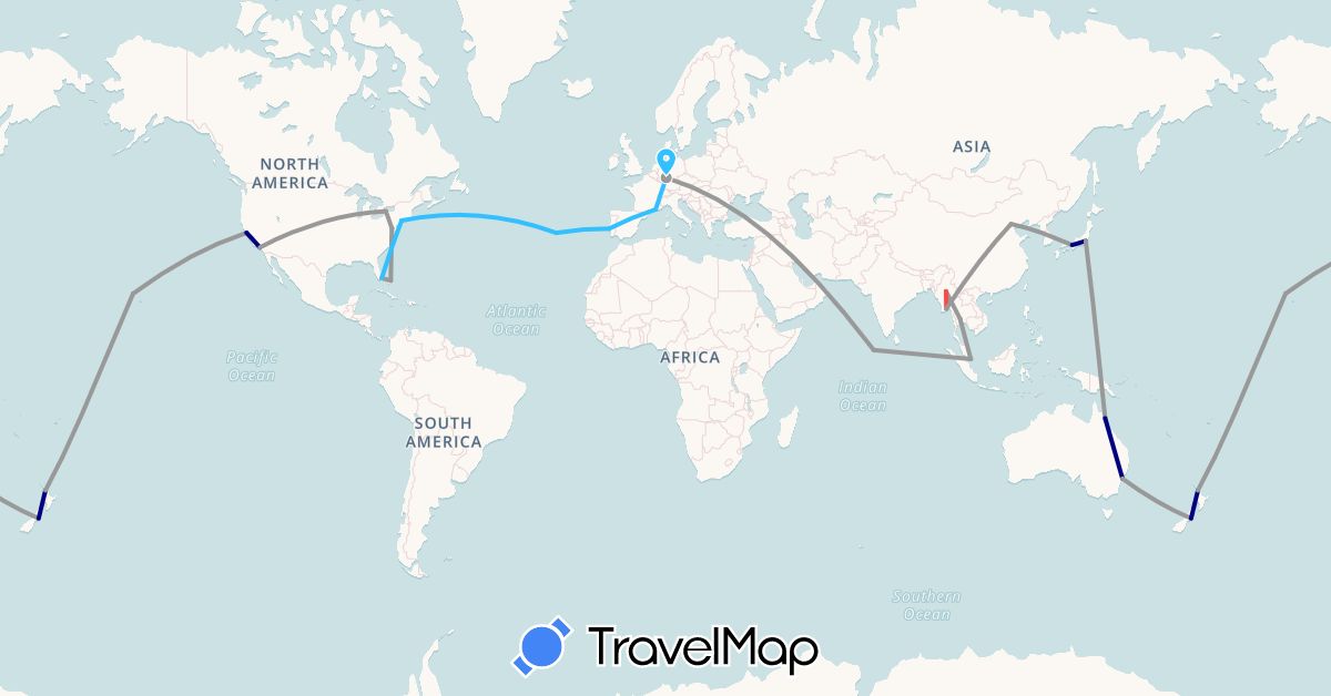 TravelMap itinerary: driving, plane, hiking, boat in Australia, Bahamas, China, Germany, France, Japan, Myanmar (Burma), Maldives, New Zealand, Portugal, Singapore, Thailand, United States (Asia, Europe, North America, Oceania)